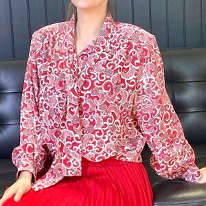 80s 90s BLEYLE Vintage Red Floral Bow Neck Button Up Blouse